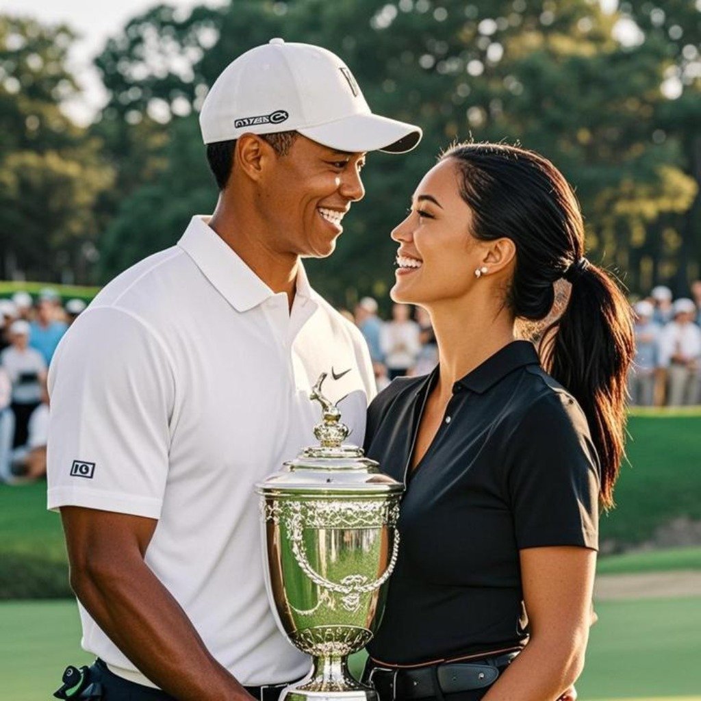 Tiger Woods and Erica Herman sharing a moment at a golf tournament.