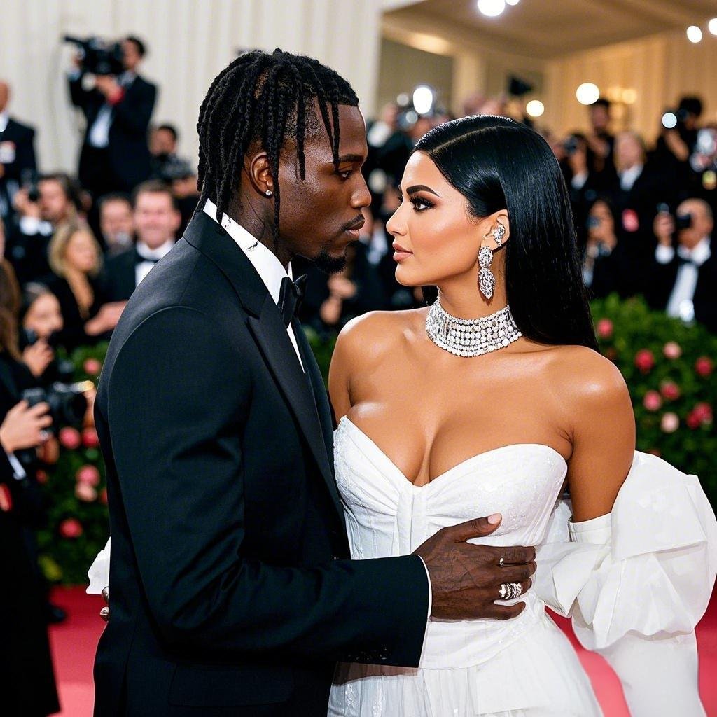 Travis Scott and Kylie Jenner at a red carpet event during their relationship.