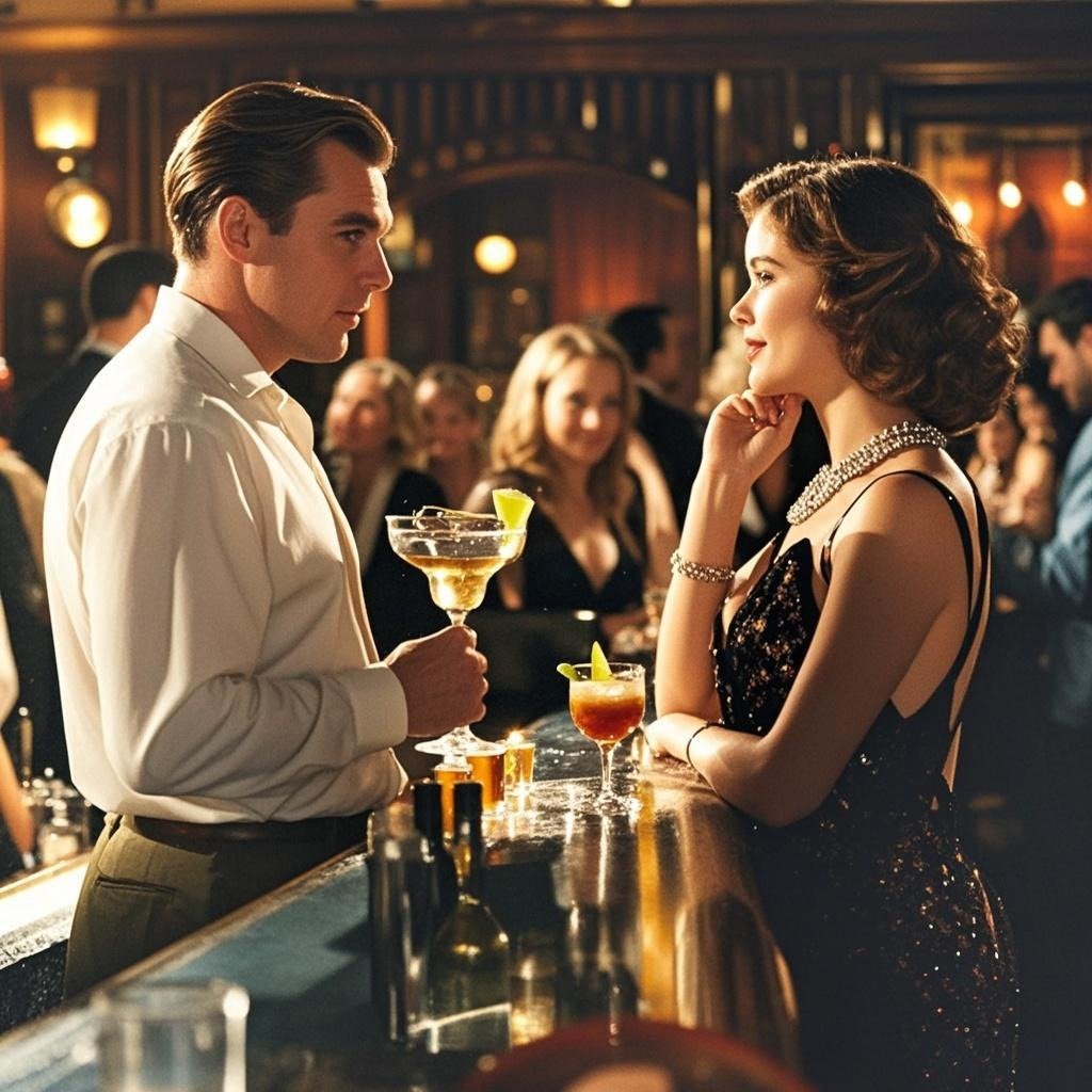 A man nervously delivering a cheesy pick-up line in a bar setting.