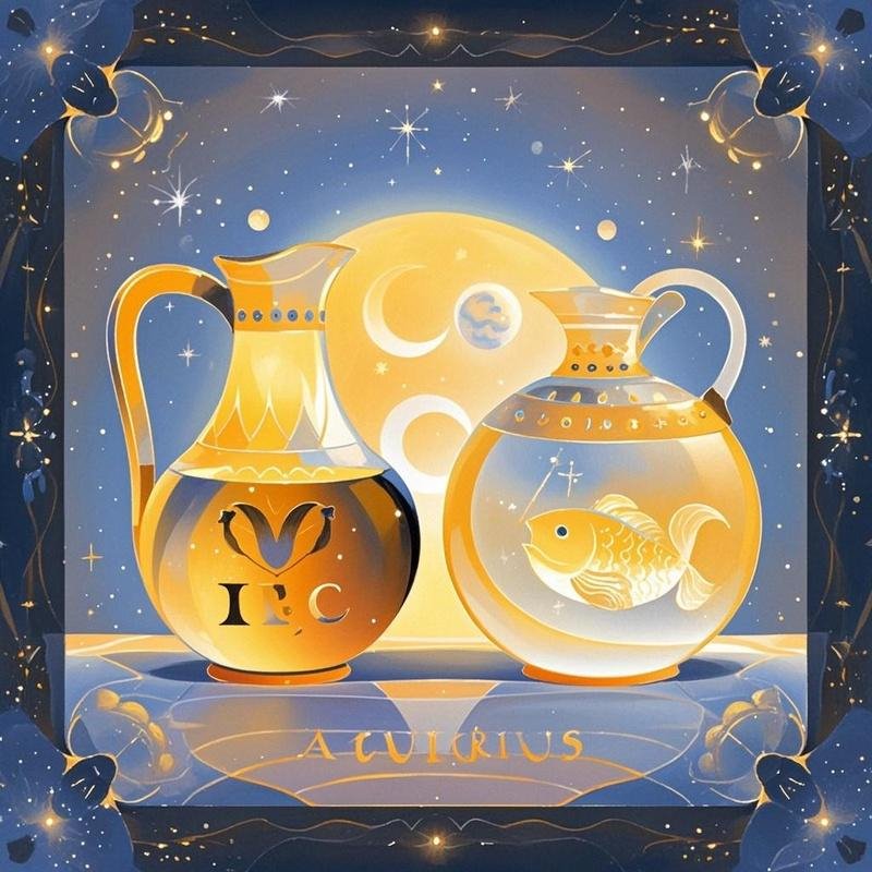 Aquarius and Pisces compatibility illustration showing zodiac symbols