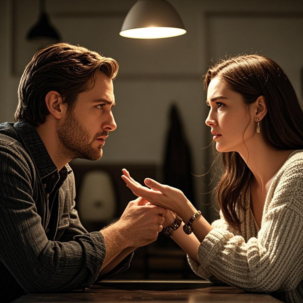 A couple having a serious conversation about infidelity, discussing trust and forgiveness.