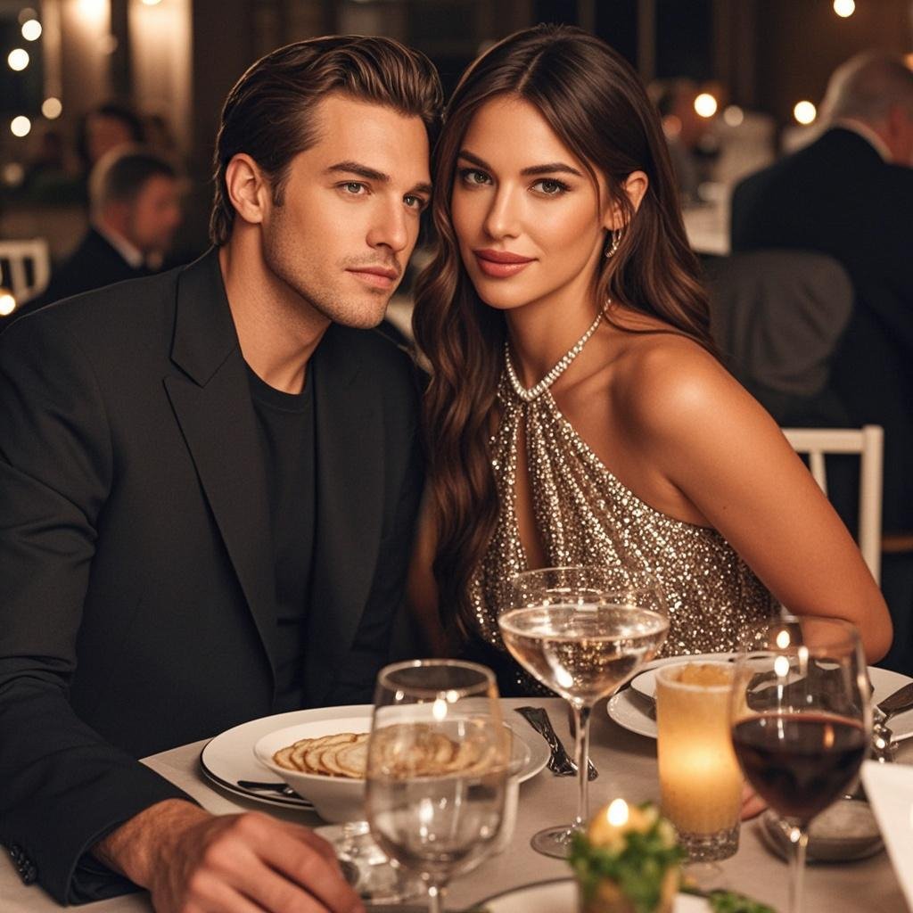 A celebrity couple enjoying dinner, depicting how Hollywood relationships start through private moments