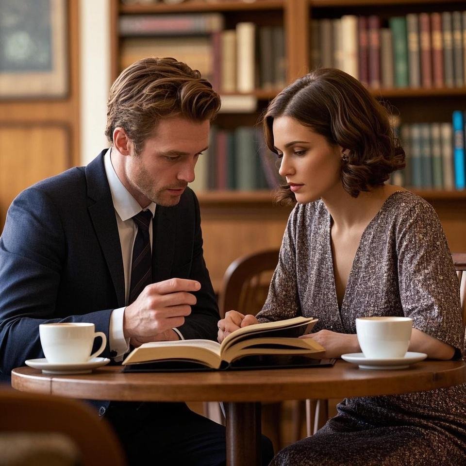 A sapiosexual couple discussing books in a cozy café